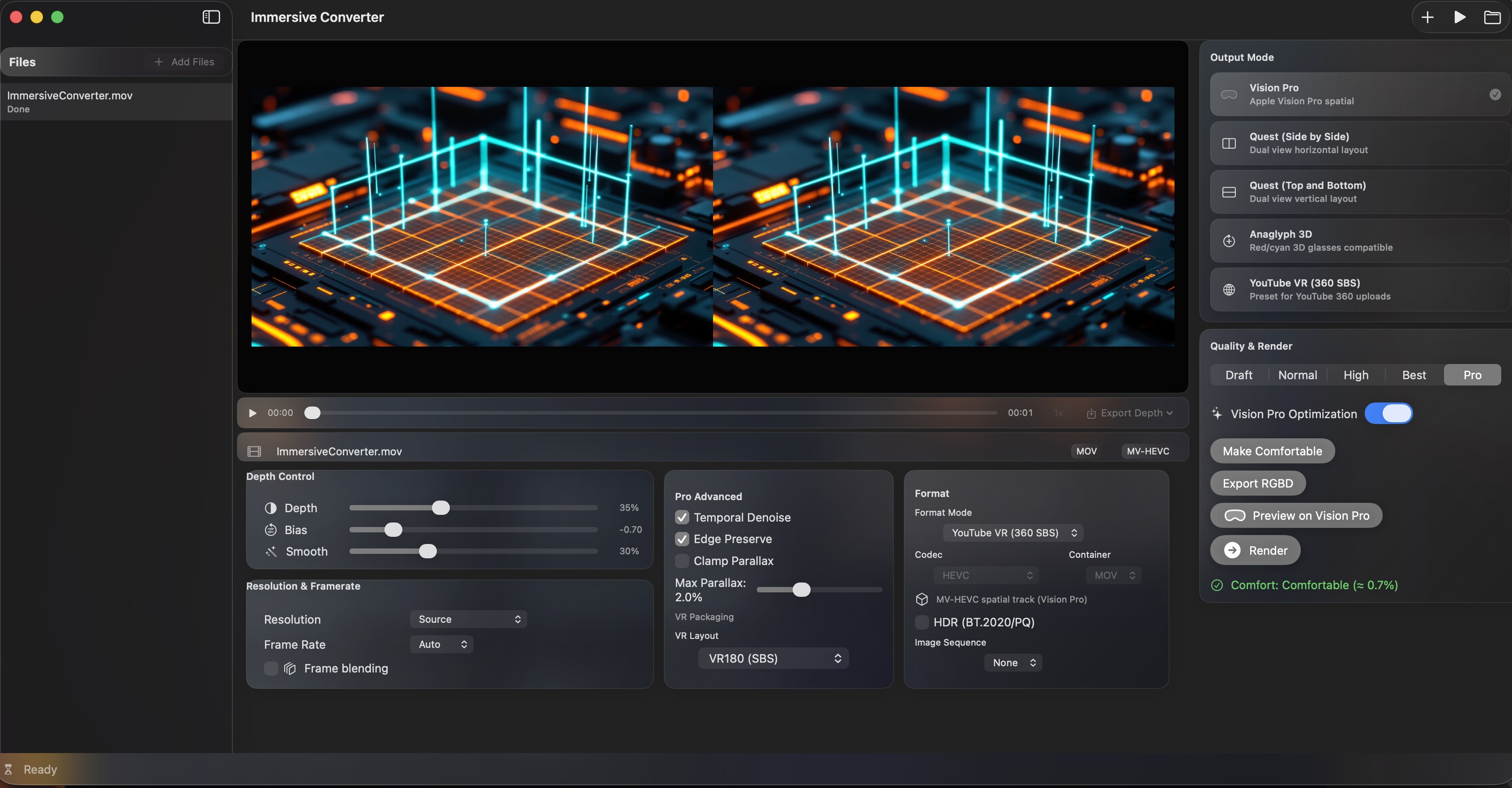 Immersive Converter macOS UI: depth controls, Vision Pro export, VR180 SBS preview